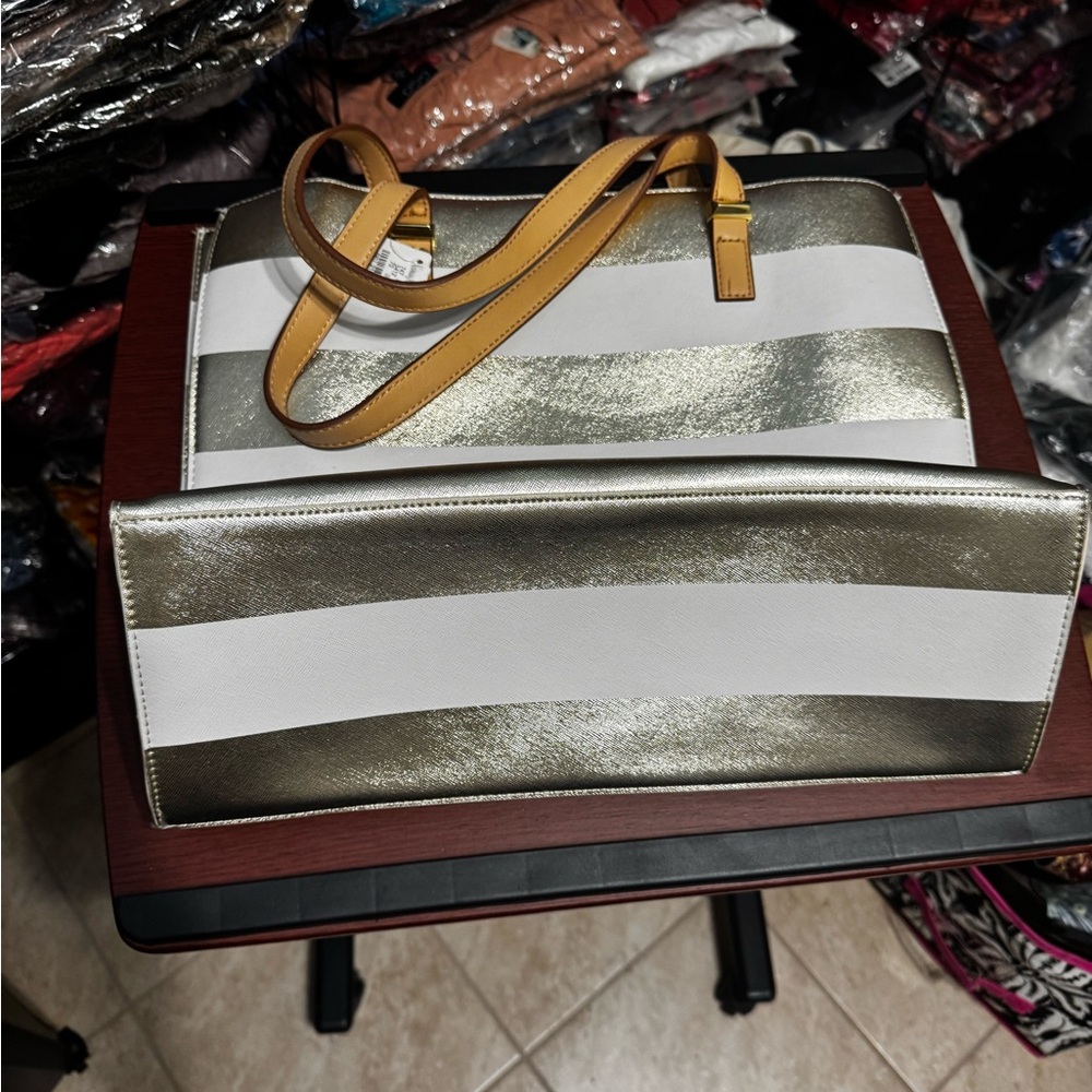 Neiman Marcus Stylish Gold metallic and White Striped Tote Bag - Picture 7 of 11